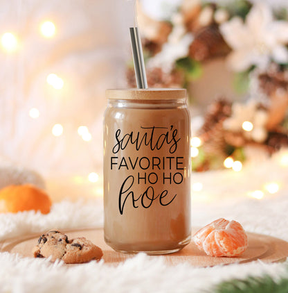 Holiday Santa Ho Ho Hoe 17oz Glass Tumbler With Bamboo Lid Stainless Straws And Straw Cleaner
