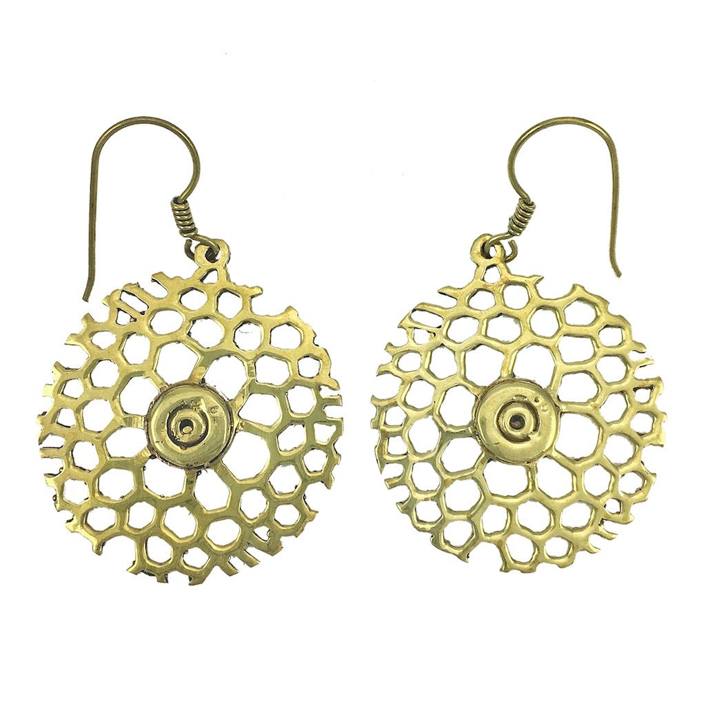 Honeycomb Bomb Earrings Recycled Brass Bullet Center 2 In X 1.25 In Handmade