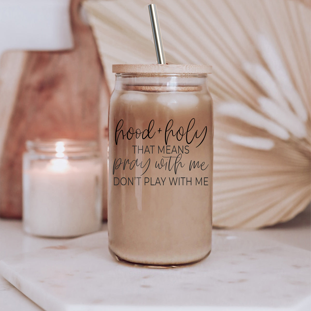 Hood And Holy 17oz Glass Tumbler With Bamboo Lid, 2 Stainless Straws And Straw Cleaner