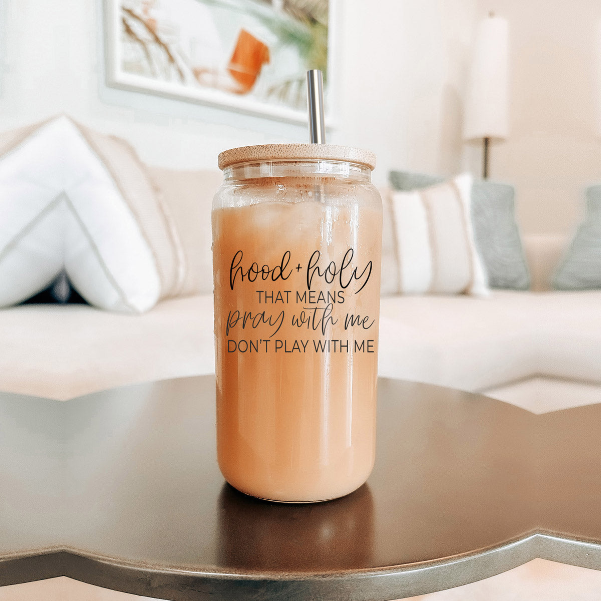 Hood And Holy 17oz Glass Tumbler With Bamboo Lid, 2 Stainless Straws And Straw Cleaner