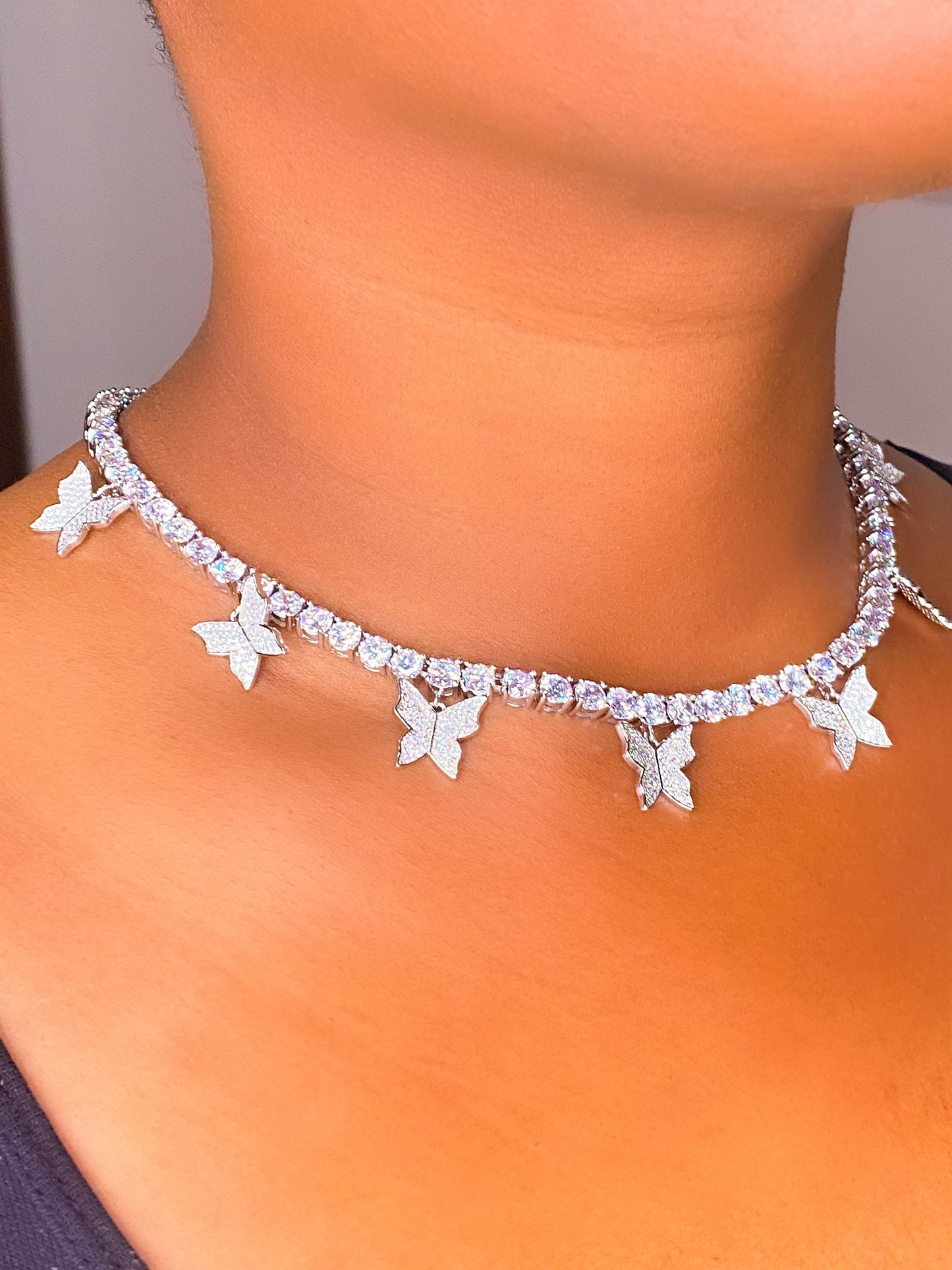 Iced Butterfly Choker Necklace Crystal Tennis Chain