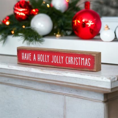 Holly Jolly Christmas Wooden Shelf Sitter Sign Holiday Mantel Shelf Decor Rustic Farmhouse