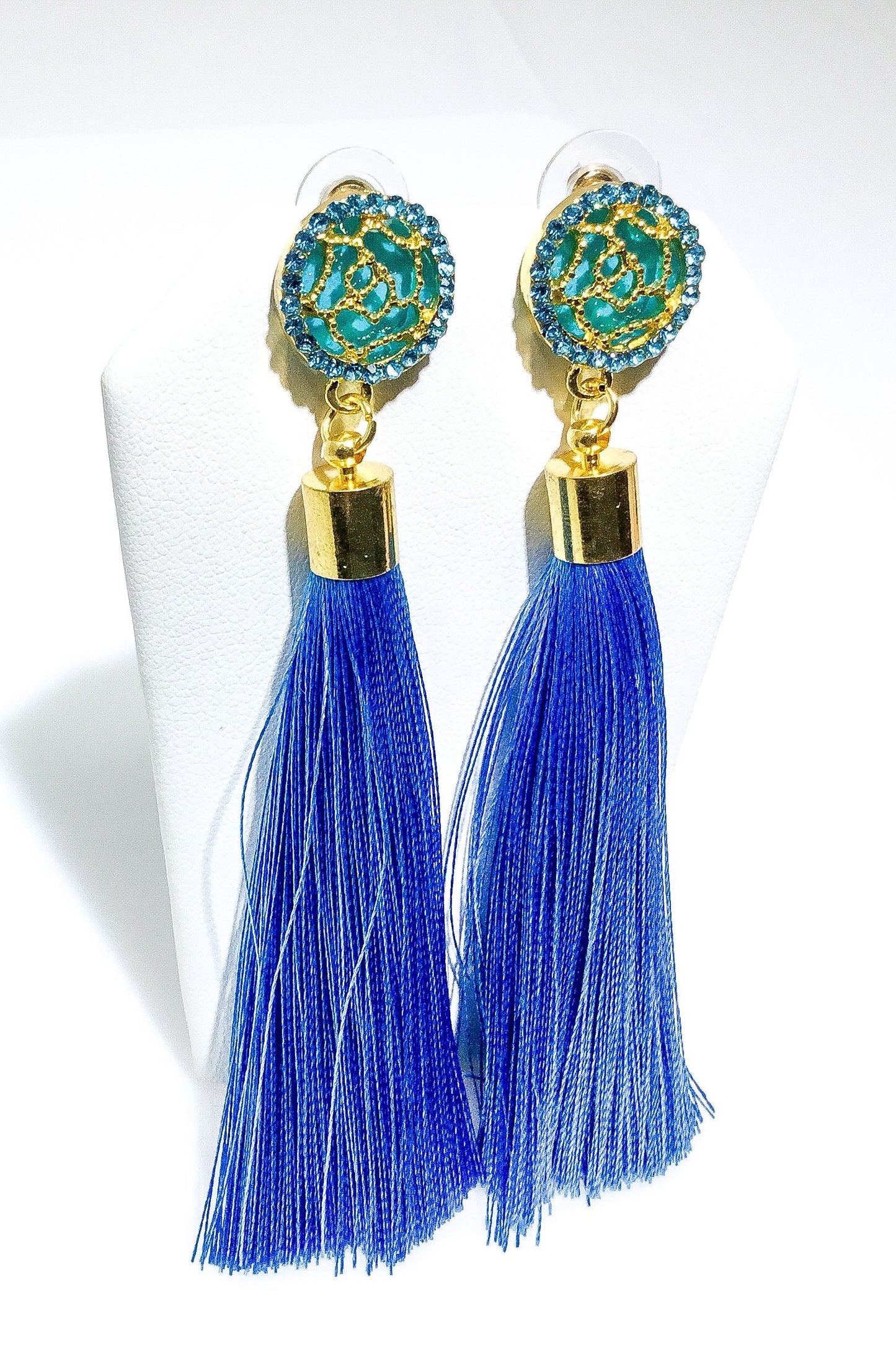 Indian Blue Tassel Drop Dangle Earrings Gold Accent