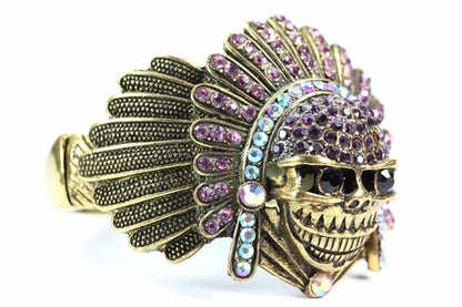 Indian Chief Skull Bangle Vintage Gold Crystal Headdress