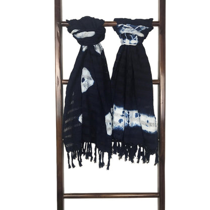Indigo Stripe Cotton Scarf Oversized Lightweight Hand-Dyed Travel Wrap