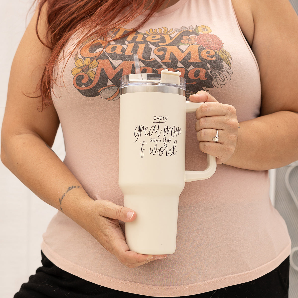 Insulated 40oz Travel Tumbler Mom Says The F Word Handle Lid Straw Gift