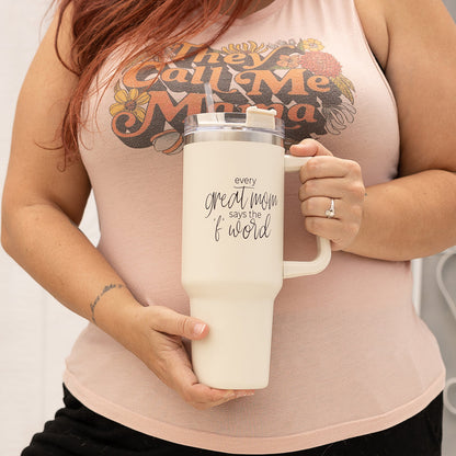 Insulated 40oz Travel Tumbler Mom Says The F Word Handle Lid Straw Gift