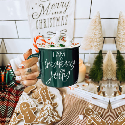 Freaking Jolly Ceramic Campfire Mug 14.5oz Red Or Green Double-Sided White Lettering Microwave Safe