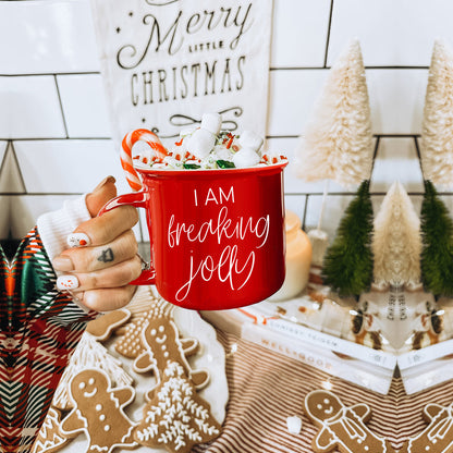 Freaking Jolly Ceramic Campfire Mug 14.5oz Red Or Green Double-Sided White Lettering Microwave Safe