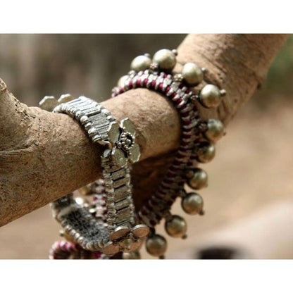 Kali Flower Bracelet Boho Handwoven Metal Beads Cotton Thread Adjustable