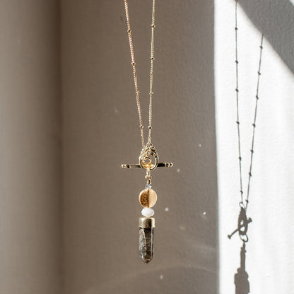 Labradorite Lariat Necklace Large Pendant Satellite Chain Bar Circle Closure