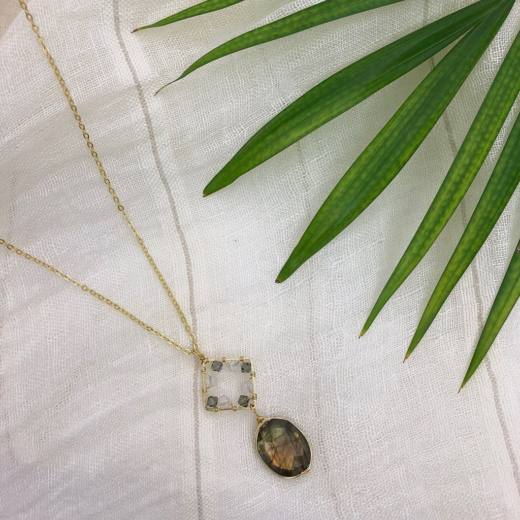 Labradorite Pendant Necklace Brass Wire Wrap Glass Beads Minimal Healing Aura
