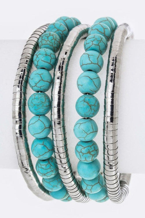 Layered Bead Wired Cuff Bracelet Boho Chic Silver Style