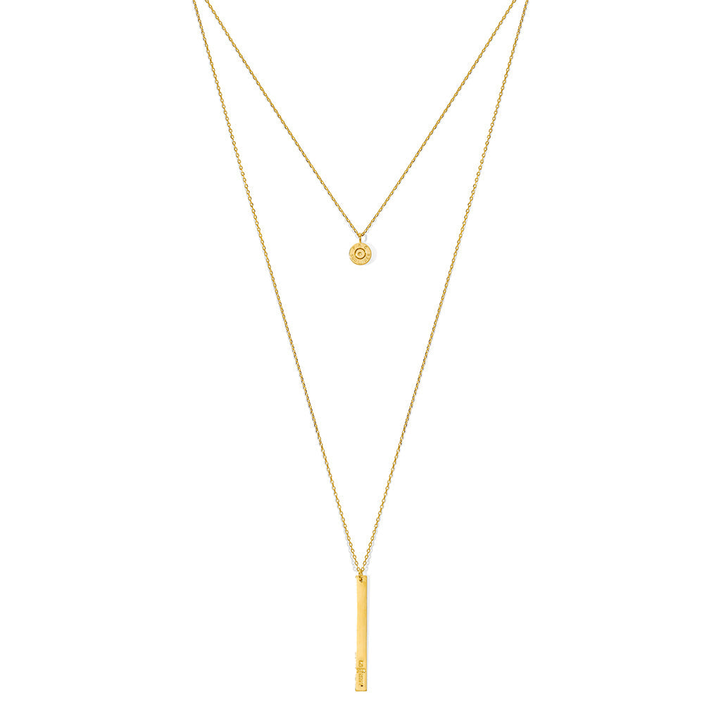 Layered Bullet Necklace Gold Plated Double Chain Recycled Brass Bar Khmer Peace