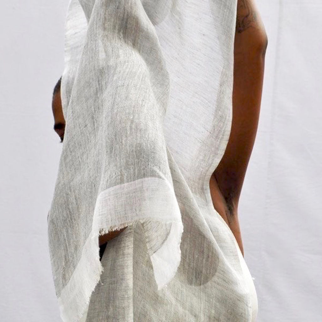 Linen Gauze Two-Tone Scarf Lightweight Handwoven Eyelash Fringe White Stripe