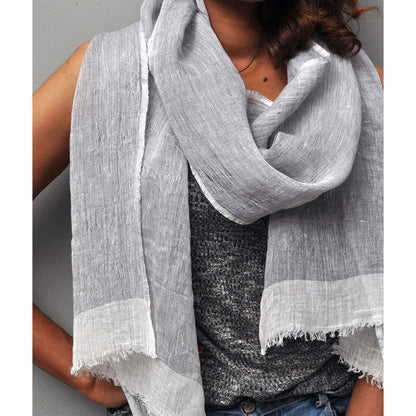 Linen Gauze Two-Tone Scarf Lightweight Handwoven Eyelash Fringe White Stripe