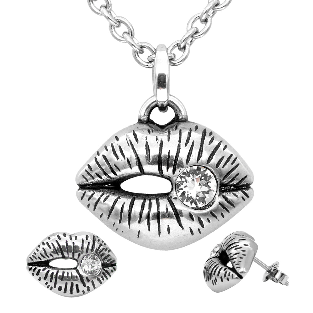 Lips Pendant Necklace And Stud Earrings Set With Crystal