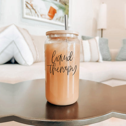Liquid Therapy 17oz Glass Tumbler With Bamboo Lid, 2 Stainless Straws And Straw Cleaner