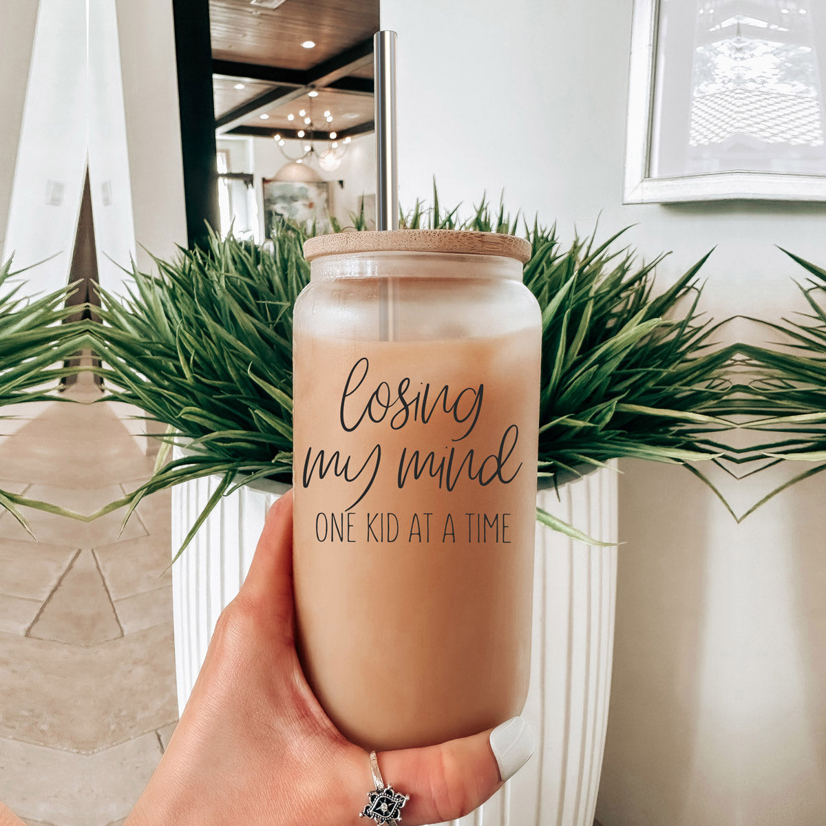 Losing My Mind 17oz Glass Tumbler With Bamboo Lid Stainless Straws Straw Cleaner Gift