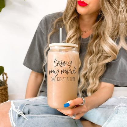 Losing My Mind 17oz Glass Tumbler With Bamboo Lid Stainless Straws Straw Cleaner Gift
