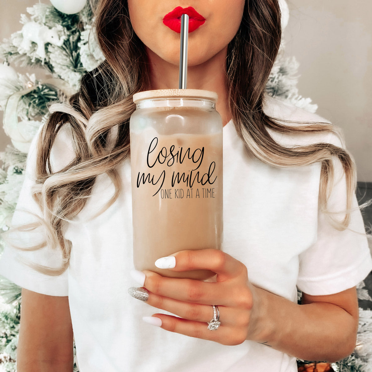 Losing My Mind 17oz Glass Tumbler With Bamboo Lid Stainless Straws Straw Cleaner Gift