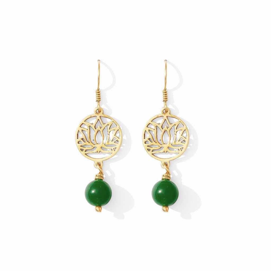 Lotus Drop Earrings Emerald Glass Bead Recycled Brass Bombshell Jewelry