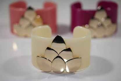 Lotus Flower Cuff Bracelet Wide Resin With Gold Accent