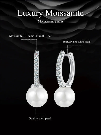 Moissanite Pearl Drop Earrings 925 Sterling Silver Shell Hoop Wedding Gift