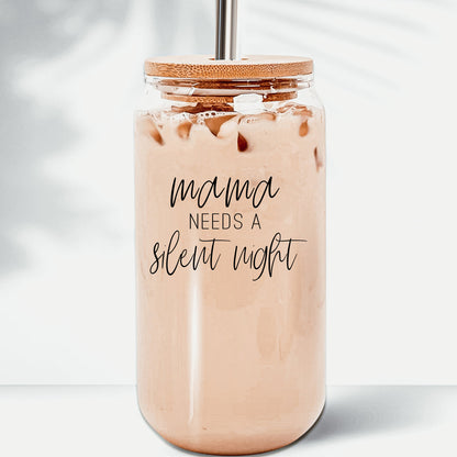 Silent Night 17oz Glass Tumbler With Bamboo Lid, 2 Stainless Straws and Cleaner