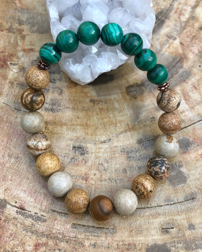 Malachite Picture Jasper Beaded Stretch Bracelet For Women