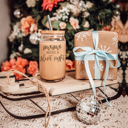 Silent Night 17oz Glass Tumbler With Bamboo Lid, 2 Stainless Straws and Cleaner