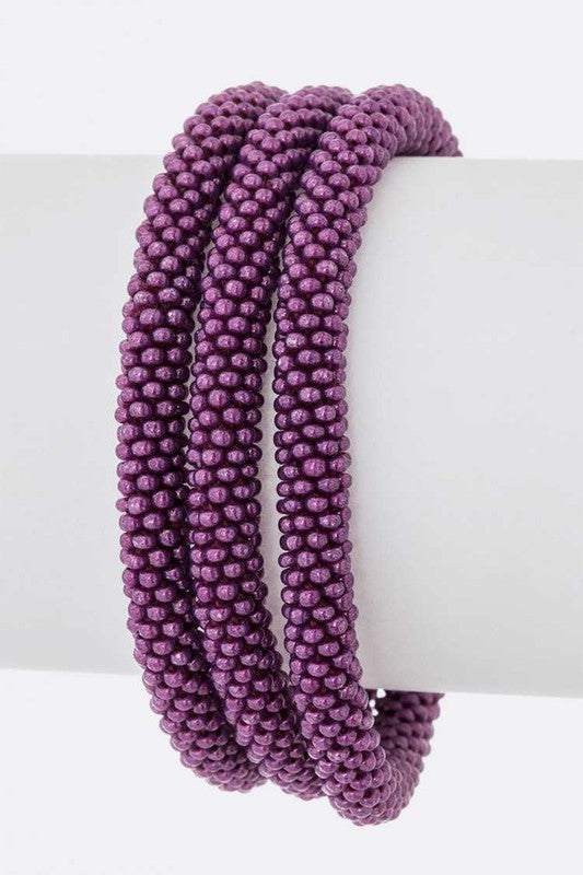 Matte Purple Beaded Nepal Roll On Bracelet Set 3 Pack