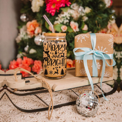 Merry And Bright 17oz Holiday Mug With Reindeer Snowflake Tree Black Lettering