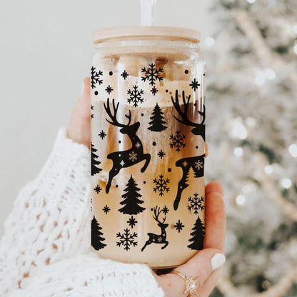 Merry And Bright 17oz Holiday Mug With Reindeer Snowflake Tree Black Lettering