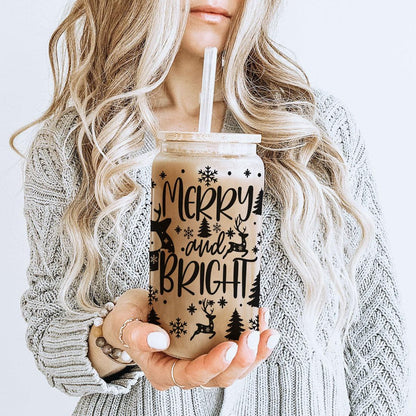 Merry And Bright 17oz Holiday Mug With Reindeer Snowflake Tree Black Lettering