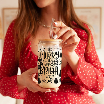 Merry And Bright 17oz Holiday Mug With Reindeer Snowflake Tree Black Lettering