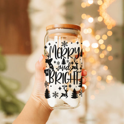 Merry And Bright 17oz Holiday Mug With Reindeer Snowflake Tree Black Lettering