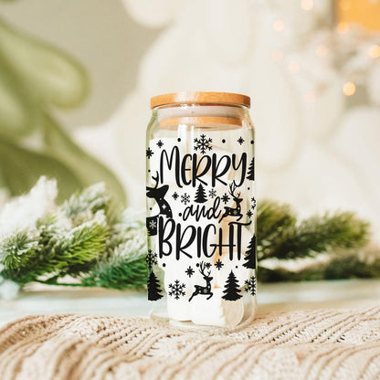 Merry And Bright 17oz Holiday Mug With Reindeer Snowflake Tree Black Lettering