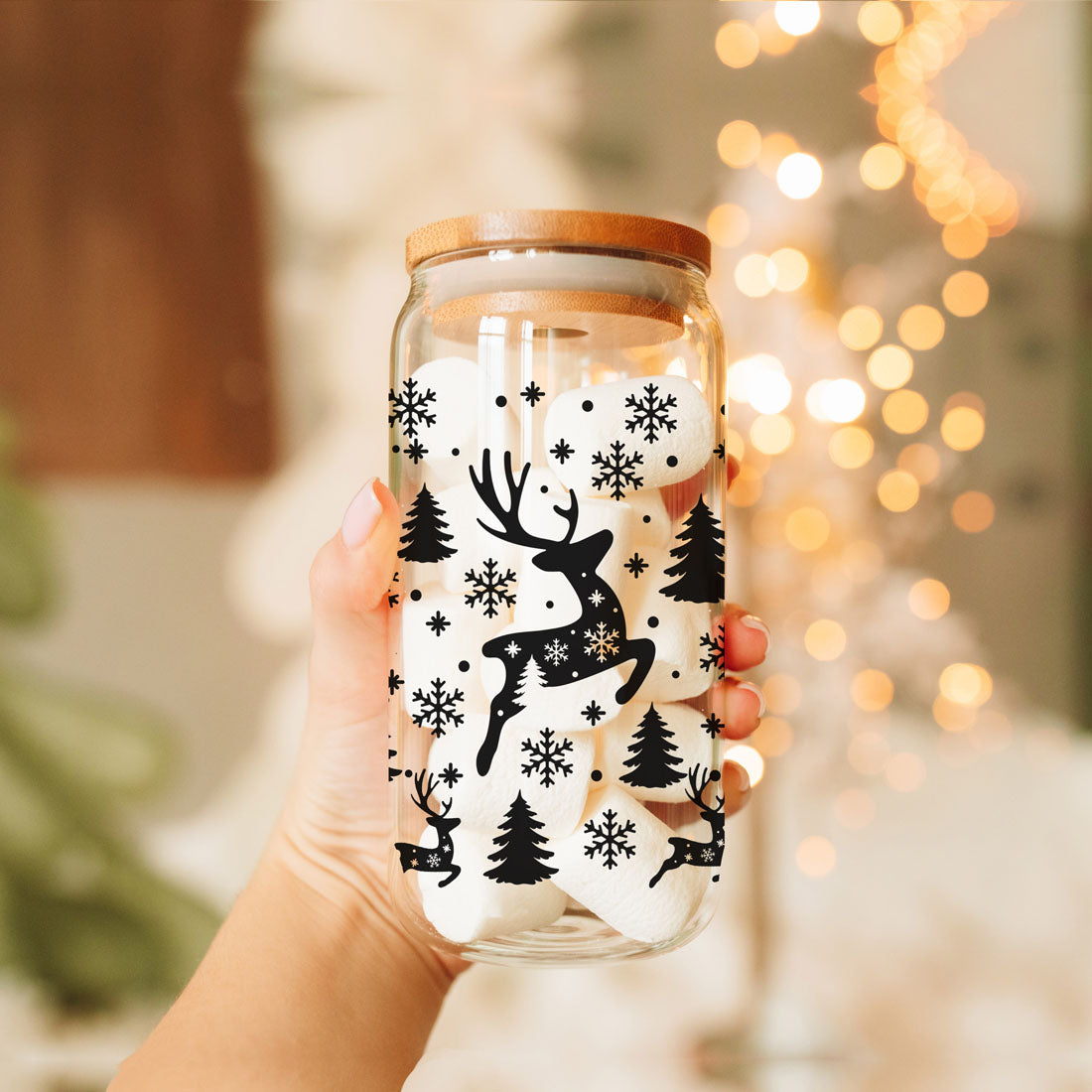 Merry And Bright 17oz Holiday Mug With Reindeer Snowflake Tree Black Lettering