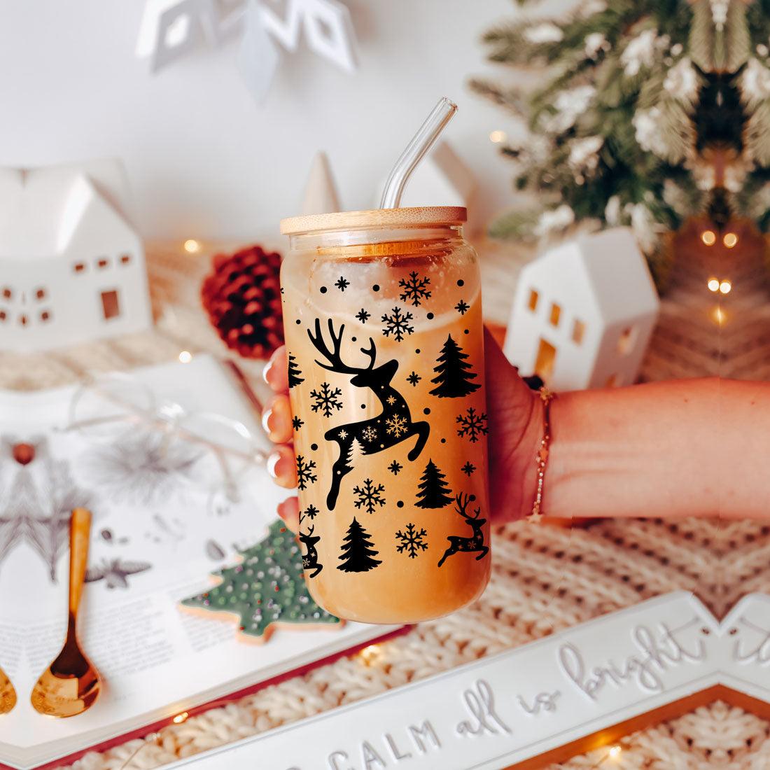 Merry And Bright 17oz Holiday Mug With Reindeer Snowflake Tree Black Lettering