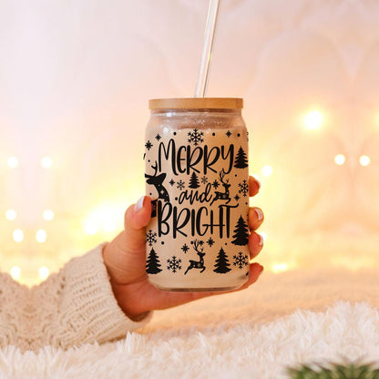 Merry And Bright 17oz Holiday Mug With Reindeer Snowflake Tree Black Lettering