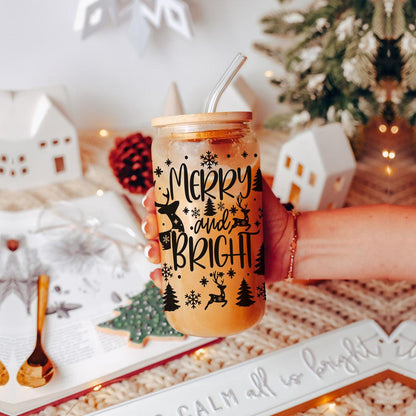 Merry And Bright 17oz Holiday Mug With Reindeer Snowflake Tree Black Lettering
