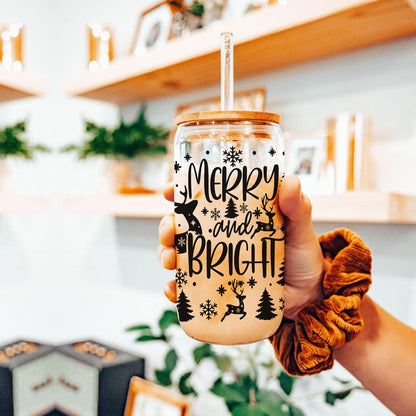 Merry And Bright 17oz Holiday Mug With Reindeer Snowflake Tree Black Lettering
