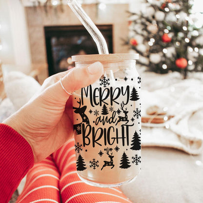 Merry And Bright 17oz Holiday Mug With Reindeer Snowflake Tree Black Lettering