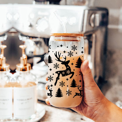 Merry And Bright 17oz Holiday Mug With Reindeer Snowflake Tree Black Lettering