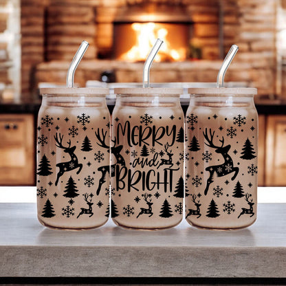 Merry And Bright 17oz Holiday Mug With Reindeer Snowflake Tree Black Lettering