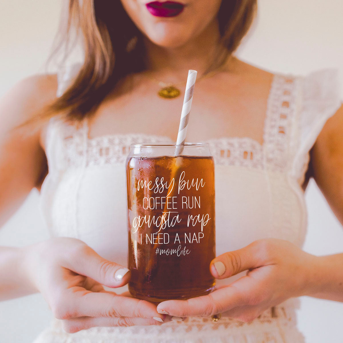 Messy Bun 17oz Glass Tumbler With Bamboo Lid Stainless Straws Mom Life Coffee Run Gift