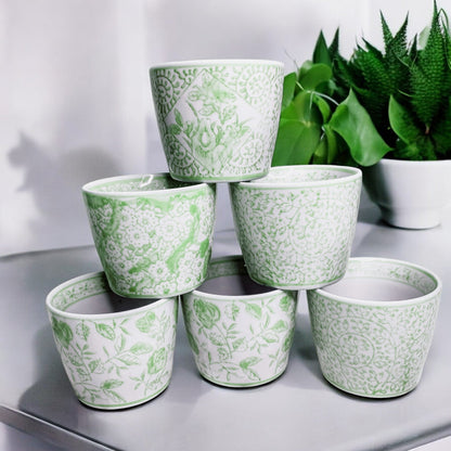 Mini Green Porcelain Cachepots Set Of 6 Hand-Painted Decorative Planters