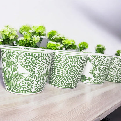 Mini Green Porcelain Cachepots Set Of 6 Hand-Painted Decorative Planters