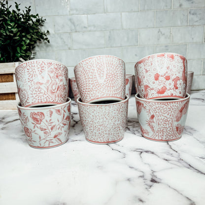 Mini Pink Hand-Painted Porcelain Cachepots Set Of 6 Decorative Planters